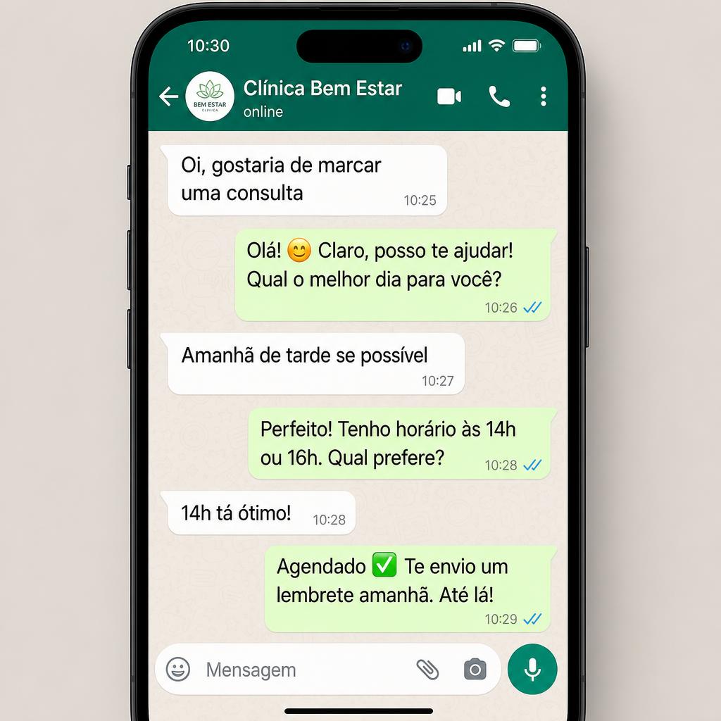 Conversa real do agente de IA do Atende NOW agendando uma consulta via WhatsApp